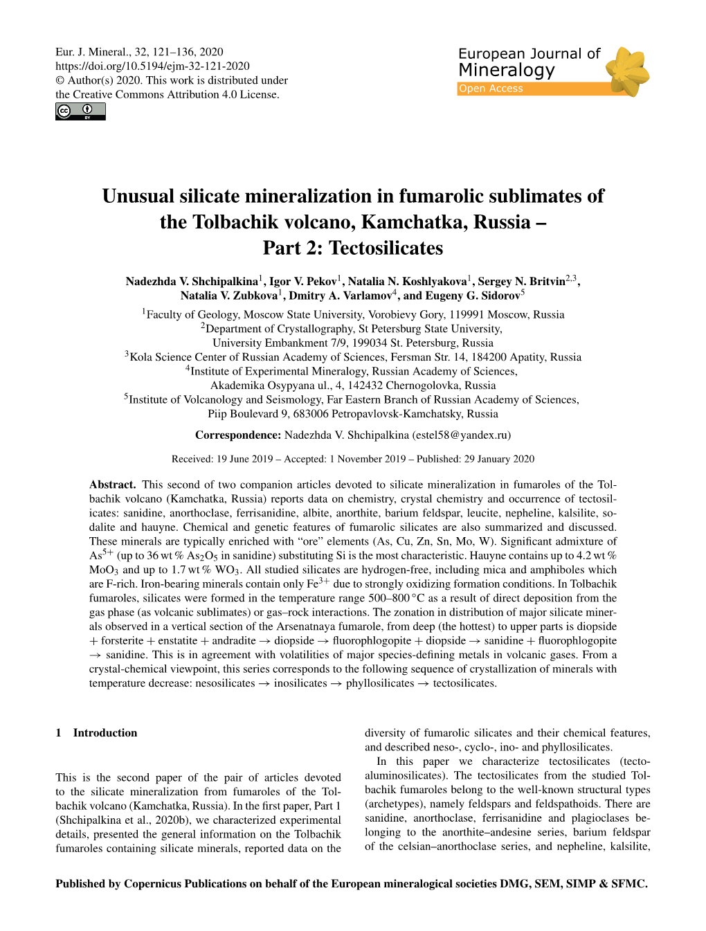 Unusual Silicate Mineralization in Fumarolic Sublimates of the Tolbachik Volcano, Kamchatka, Russia – Part 2: Tectosilicates