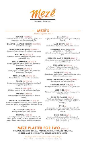 Meze Platter for Two (Veg) 34 Hummus, Tzatziki, Dolma, Falafel, Tahini, Spanakopita, Feta Cheese, and Greek Olives