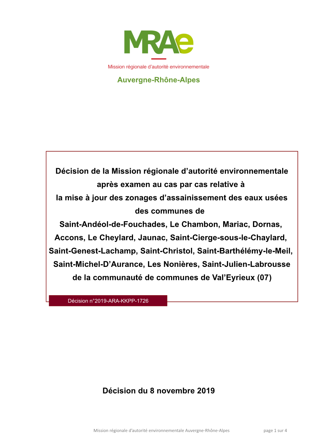 Décision Du 8 Novembre 2019 Décision De La Mission Régionale D'autorité Environnementale Après Examen Au Cas Par Cas Rela