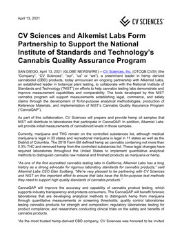 CV Sciences and Alkemist Labs Form Partnership to Support the National Institute of Standards and Technology's Cannabis Qualit