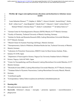 1 Fibrillar Αβ Triggers Microglial Proteome Alterations and Dysfunction in Alzheimer Mouse 1 Models 2 3 4 Laura Sebastian