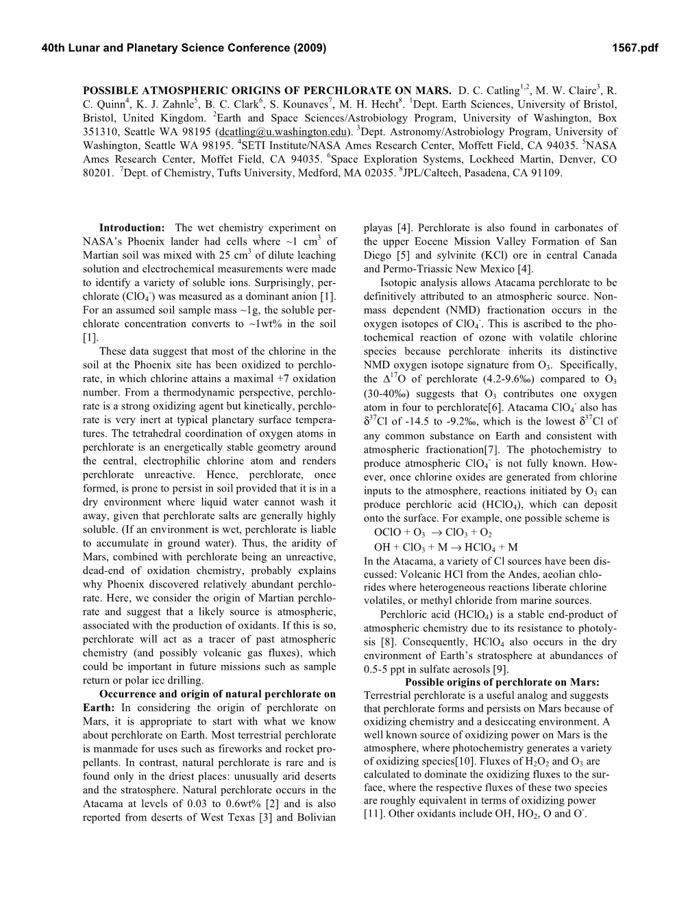 Possible Atmospheric Origins of Perchlorate on Mars. Dc