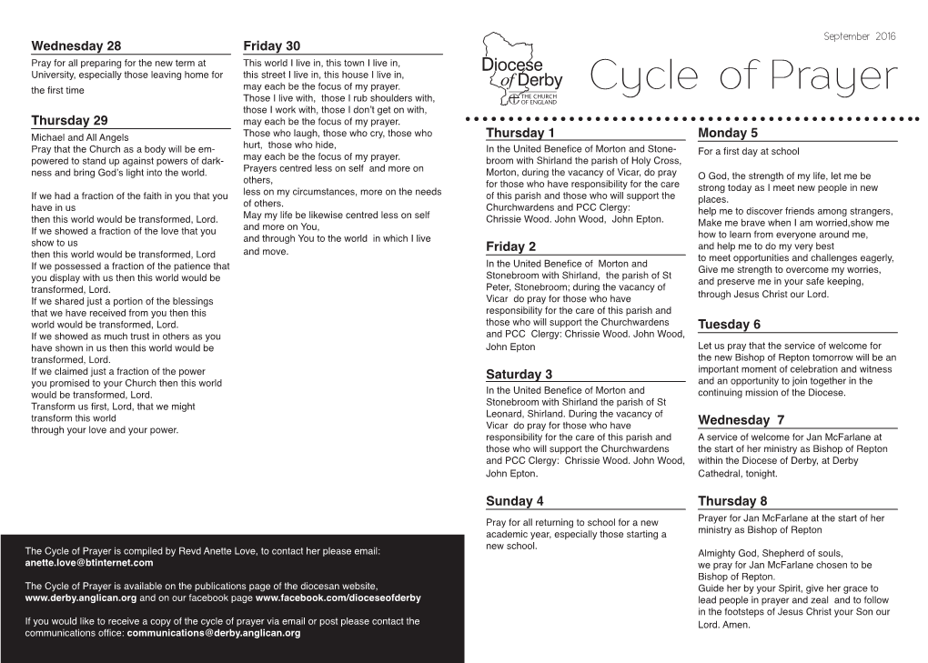 Cycle of Prayer Those I Live With, Those I Rub Shoulders With, Those I Work With, Those I Don’T Get on With, Thursday 29 May Each Be the Focus of My Prayer