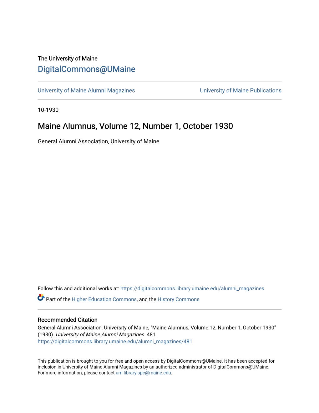 Maine Alumnus, Volume 12, Number 1, October 1930