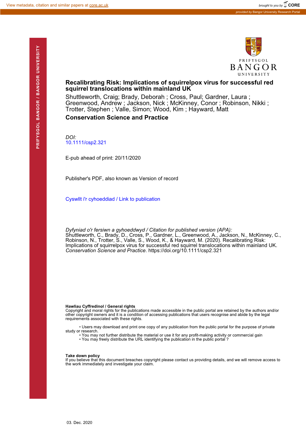 Implications of Squirrelpox Virus for Successful Red Squirrel Translocations Within Mainland UK