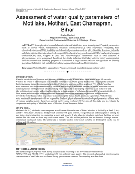 Assessment of Water Quality Parameters of Moti Lake, Motihari, East Chamapran, Bihar