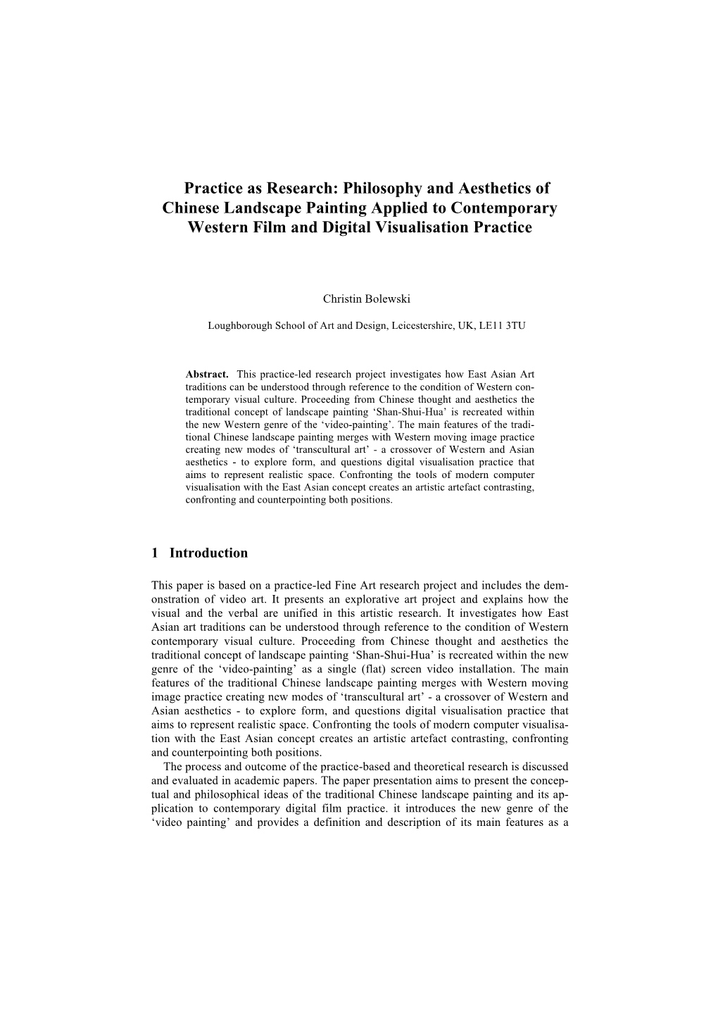 Philosophy and Aesthetics of Chinese Landscape Painting Applied to Contemporary Western Film and Digital Visualisation Practice