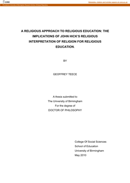 A Religious Approach to Religious Education: the Implications of John Hick’S Religious Interpretation of Religion for Religious Education