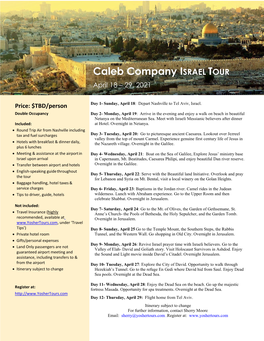 Caleb Company ISRAEL TOUR April 18 – 29, 2021