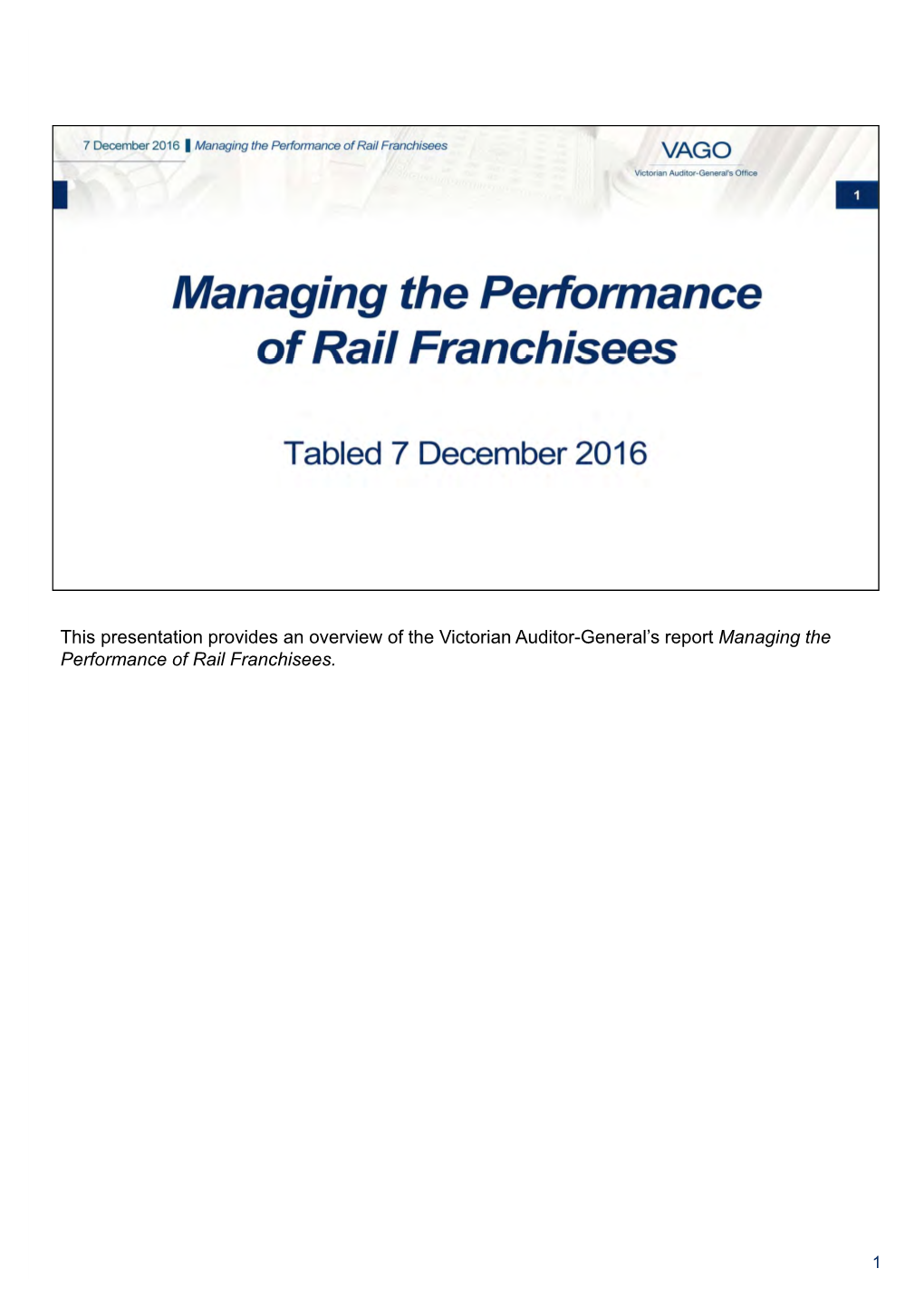 Managing the Performance of Rail Franchisees Recorded