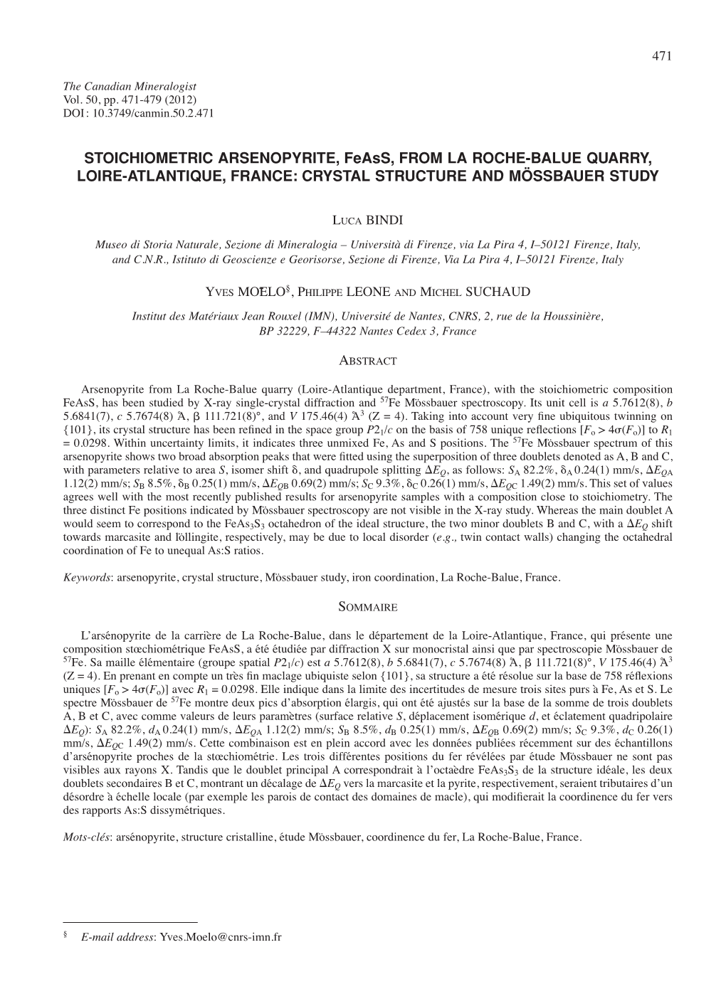 STOICHIOMETRIC ARSENOPYRITE, Feass, from LA ROCHE-BALUE QUARRY, LOIRE-ATLANTIQUE, FRANCE: CRYSTAL STRUCTURE and MÖSSBAUER STUDY