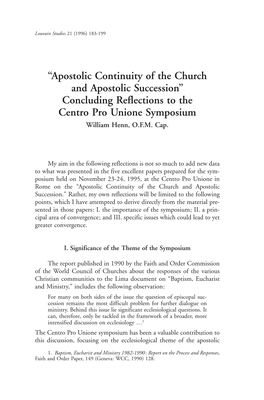 “Apostolic Continuity of the Church and Apostolic Succession” Concluding Reflections to the Centro Pro Unione Symposium William Henn, O.F.M