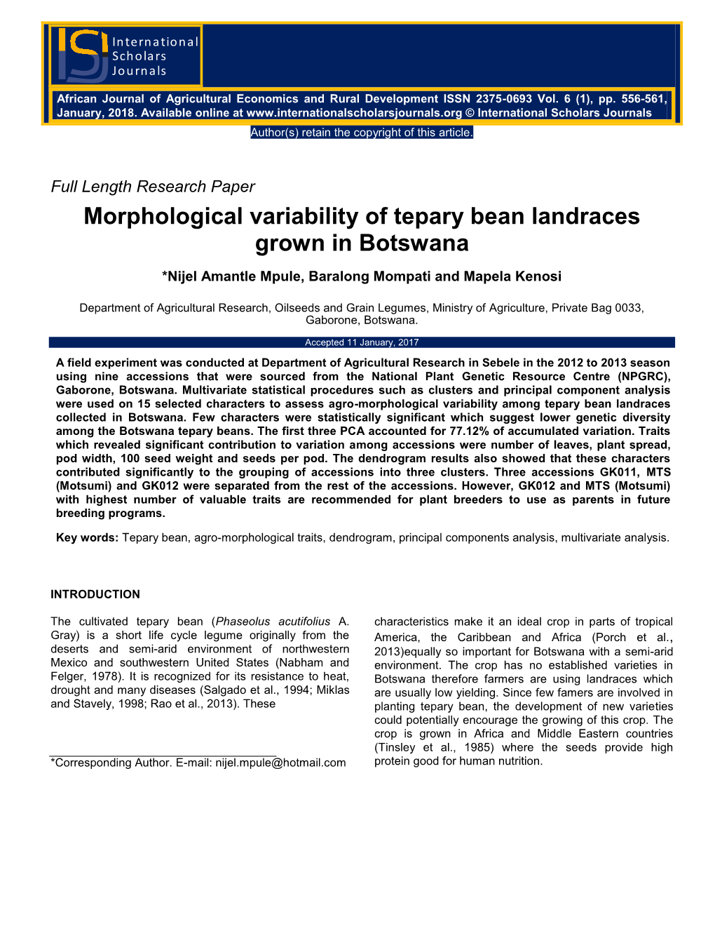 Morphological Variability of Tepary Bean Landraces Grown in Botswana