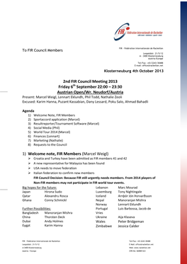 2Nd FIR Council Meeting 2013 Friday 6 September