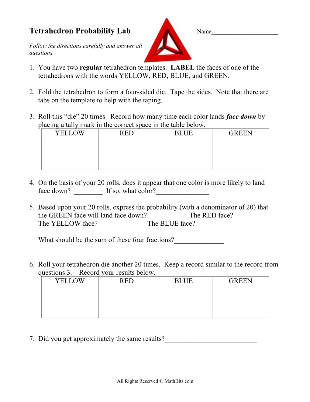 Tetrahedron Probability Lab Name______