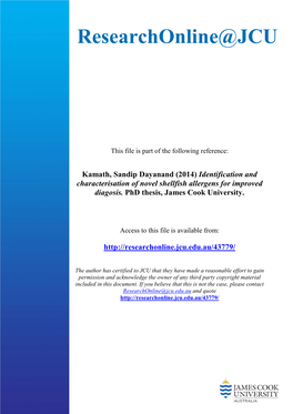 Kamath, Sandip Dayanand (2014) Identification and Characterisation of Novel Shellfish Allergens for Improved Diagosis. Phd Thesis, James Cook University