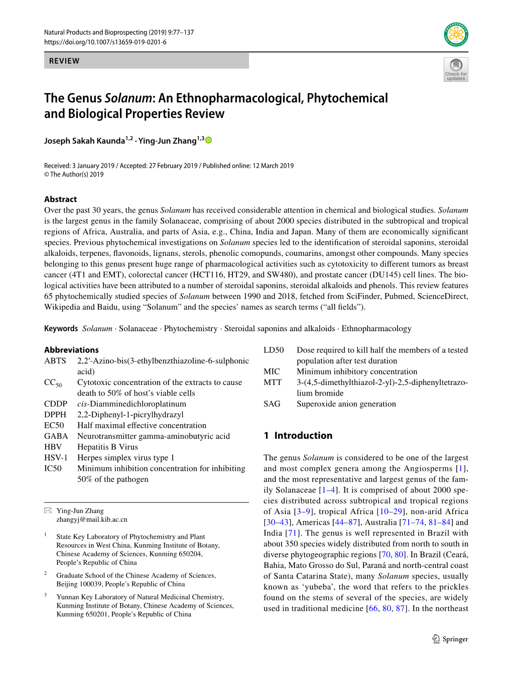 The Genus Solanum: an Ethnopharmacological, Phytochemical and Biological Properties Review