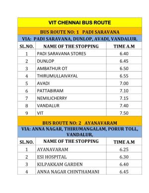 Vit Chennai Bus Route Bus Route No: 1 Padi Saravana Via: Padi Saravana, Dunlop, Avadi, Vandalur. Sl.No. Name of the Stopping
