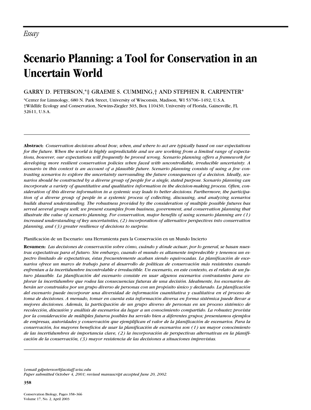 Scenario Planning: a Tool for Conservation in an Uncertain World