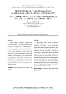 Pengembangan Pendidikan Agama Berkearifan Lokal Di Tanah Ulayat Baduy Development of Religious Studies with Local Wisdom in Badu