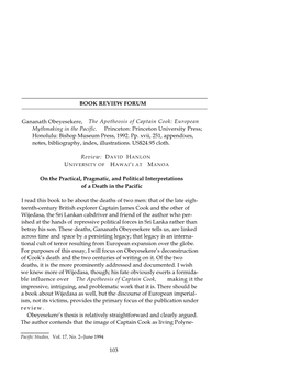 Gananath Obeyesekere, the Apotheosis of Captain Cook: European Mythmaking in the Pacific