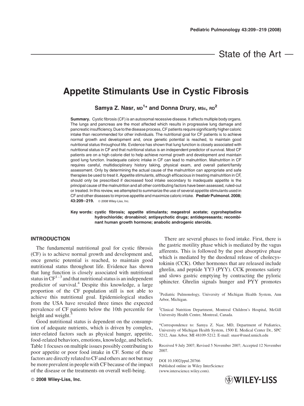 State of the Art Appetite Stimulants Use in Cystic Fibrosis