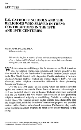Us Catholic Schools and the Religious Who Served in Them Contributions In