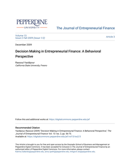 Decision Making in Entrepreneurial Finance: a Behavioral Perspective