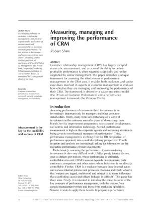 Measuring, Managing and Improving the Performance of CRM