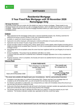 Residential Mortgage 5 Year Fixed Rate Mortgage Until 30 November