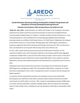 Laredo Petroleum Announces Closing of Acquisition of Sabalo Energy Assets and Divestiture of Proved Developed Producing