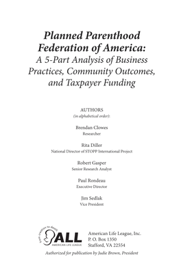 Planned Parenthood Federation of America: a 5-Part Analysis of Business Practices, Community Outcomes, and Taxpayer Funding