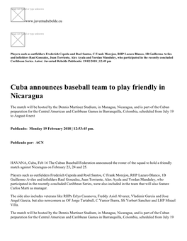 Cuba Announces Baseball Team to Play Friendly in Nicaragua