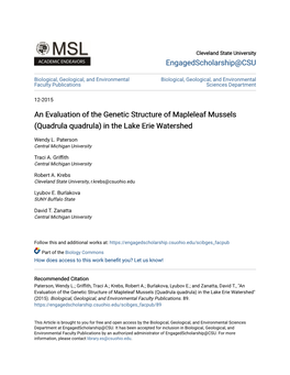 An Evaluation of the Genetic Structure of Mapleleaf Mussels (Quadrula Quadrula) in the Lake Erie Watershed
