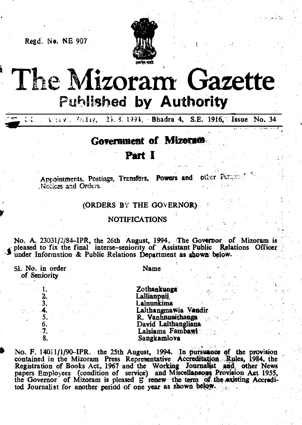 TJ:Te Mizoram Ga%Ette Pu�Lished by Authority