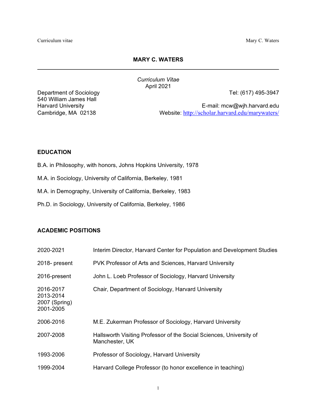 Curriculum Vitae Mary C. Waters