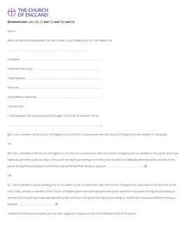 Form 1 APPLICATION for ENROLMENT on the CHURCH