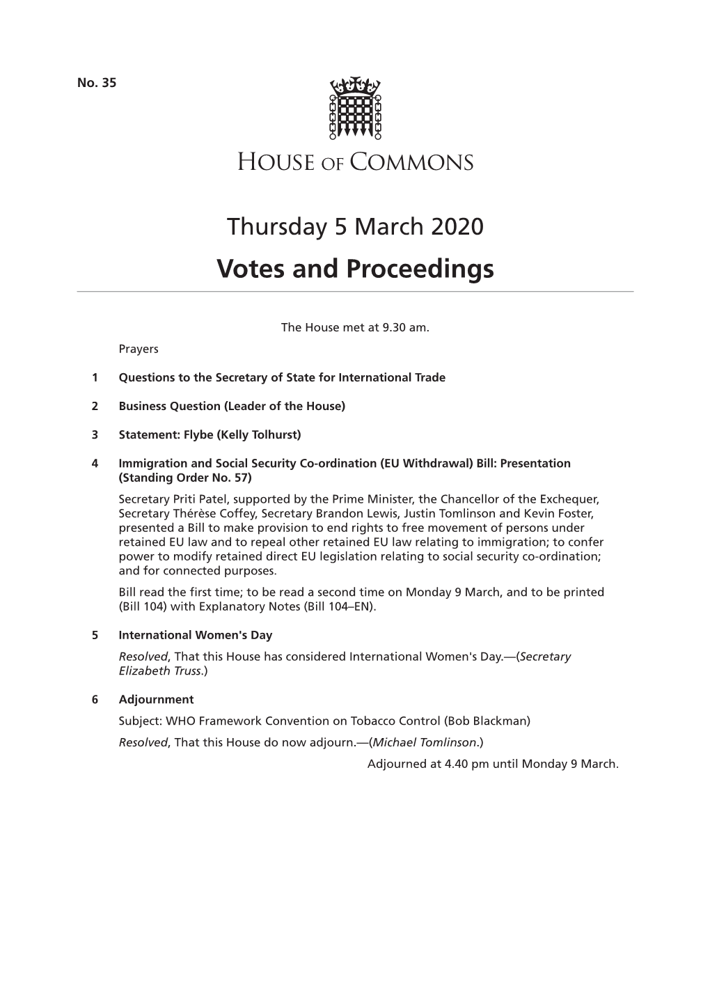 Votes and Proceedings for 5 Mar 2020