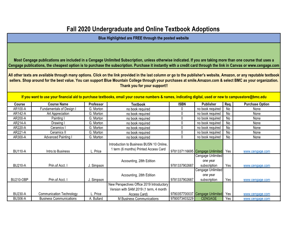 Fall 2020 Undergraduate and Online Textbook Adoptions Blue Highlighted Are FREE Through the Posted Website