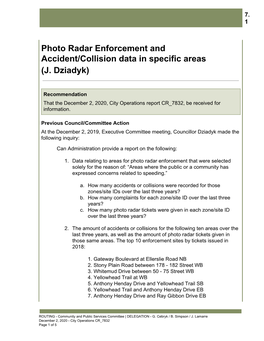 Photo Radar Enforcement and Accident/Collision Data in Specific Areas (J