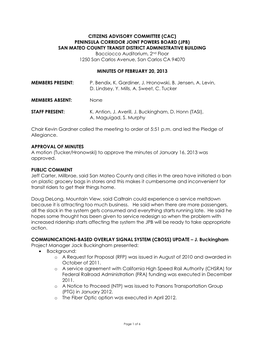 Citizens Advisory Committee (Cac) Peninsula Corridor Joint Powers Board (Jpb) San Mateo County Transit District Administrative B