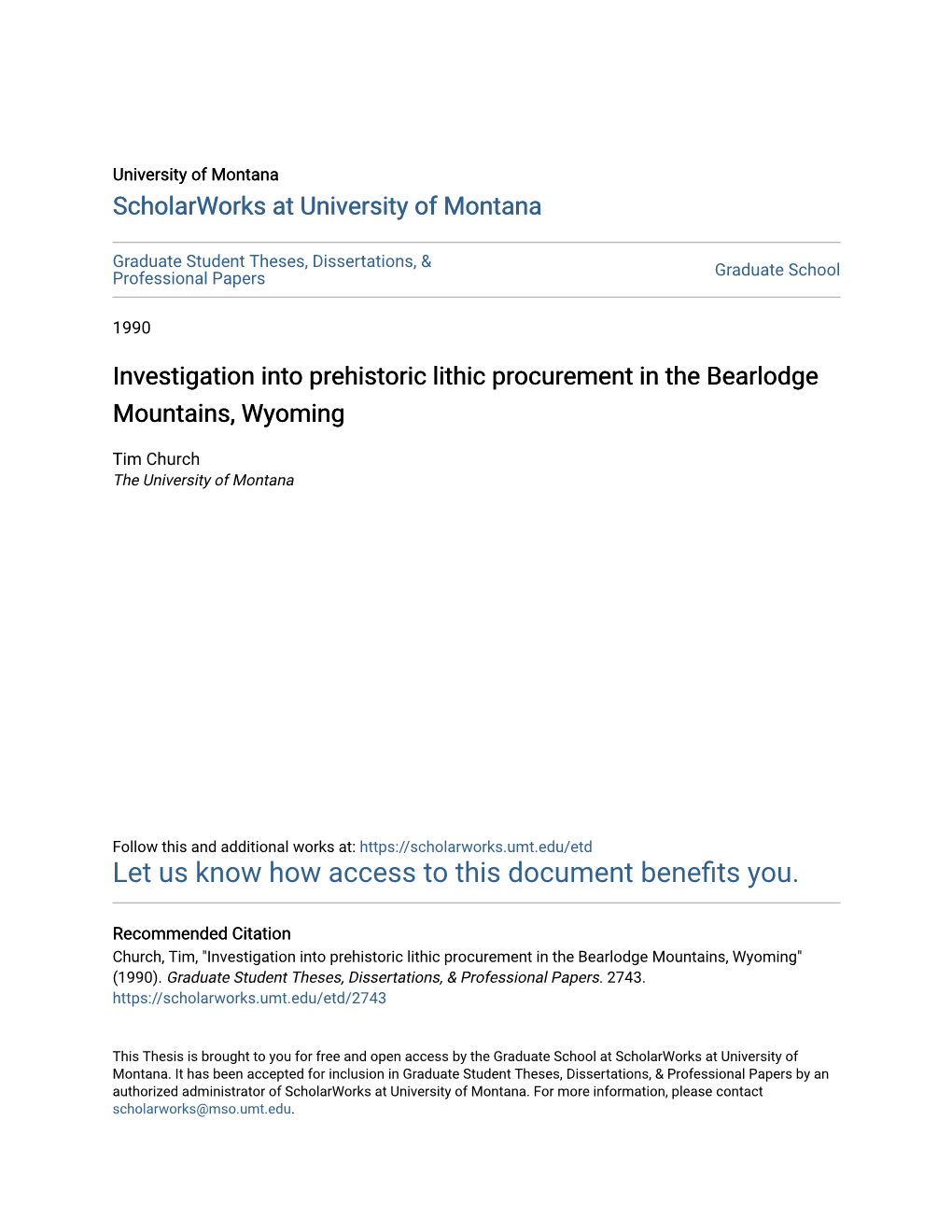 Investigation Into Prehistoric Lithic Procurement in the Bearlodge Mountains, Wyoming