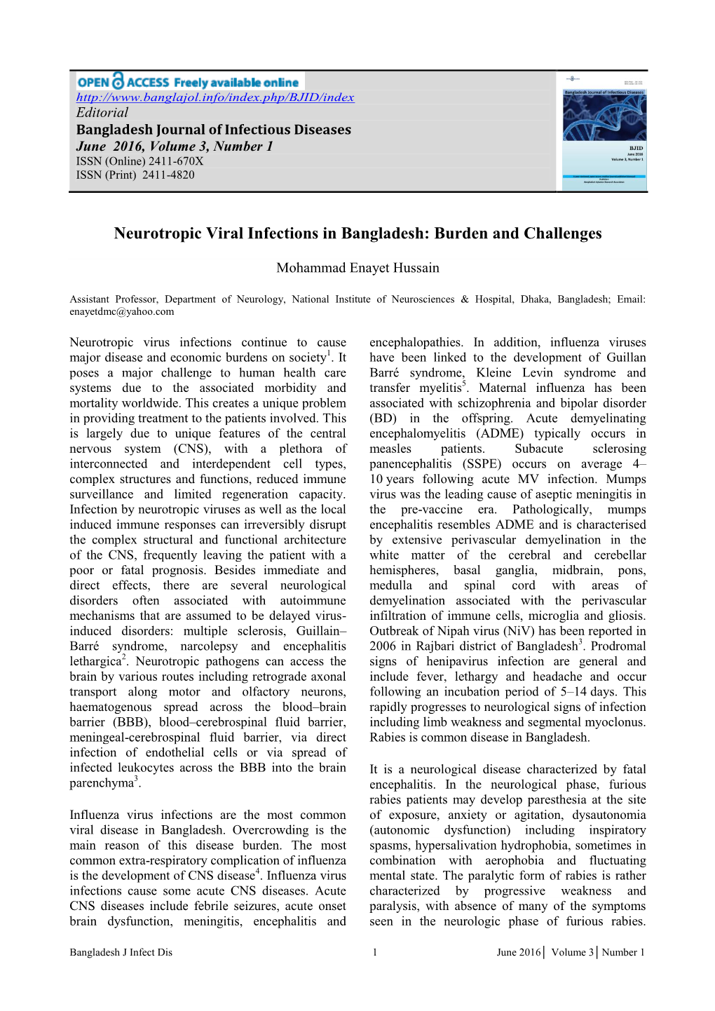 Neurotropic Viral Infections in Bangladesh: Burden and Challenges