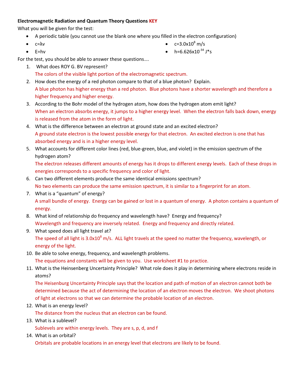 Electromagnetic Radiation and Quantum Theory Questions KEY