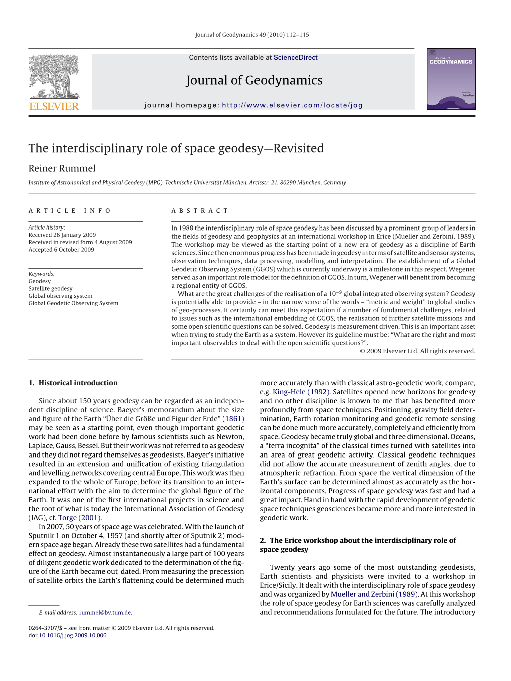 Journal of Geodynamics the Interdisciplinary Role of Space