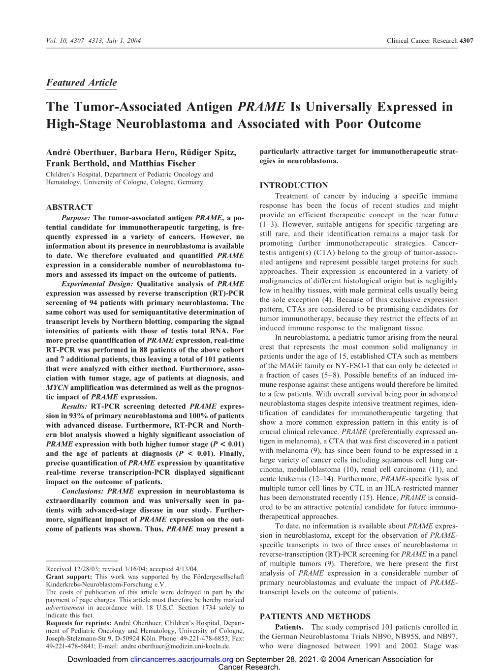 The Tumor-Associated Antigen PRAME Is Universally Expressed in High-Stage Neuroblastoma and Associated with Poor Outcome