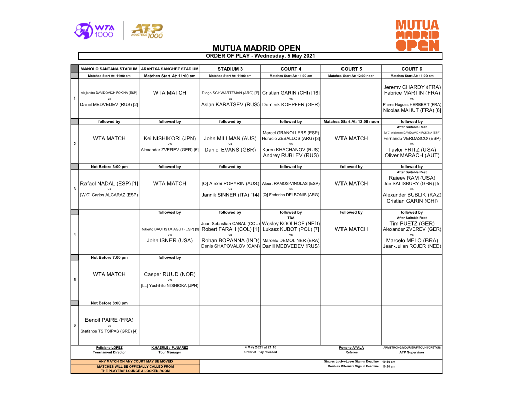 MUTUA MADRID OPEN ORDER of PLAY - Wednesday, 5 May 2021