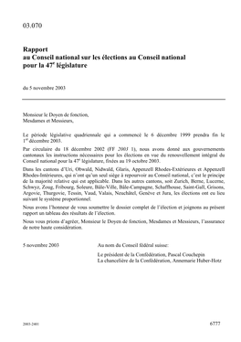 03.070 Rapport Au Conseil National Sur Les Élections Au Conseil