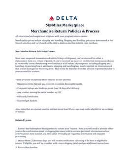 Skymiles Marketplace Merchandise Return Policies & Process