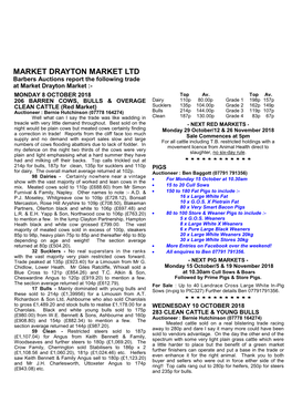 MARKET DRAYTON MARKET LTD Barbers Auctions Report the Following Trade at Market Drayton Market :- MONDAY 8 OCTOBER 2018 Top Av